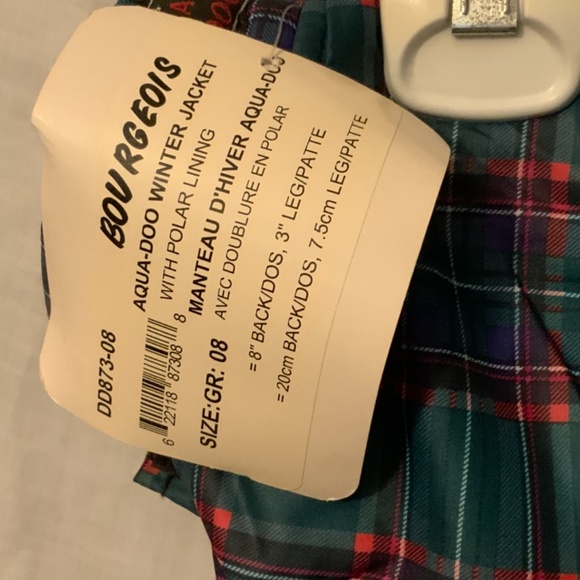 Daba Doo: Green Plaid Fleece-Lined Water Repellant Dog Coat (8” Back, 3” Leg) - Picture 4 of 4